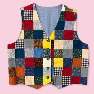Handmade Patchwork Quilt Vest Multicolor Button Up Folk Prairie Cottagecore XL